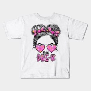 Kids Hello Pre-K Messy Bun Girls Preschool Back To School Kids T-Shirt